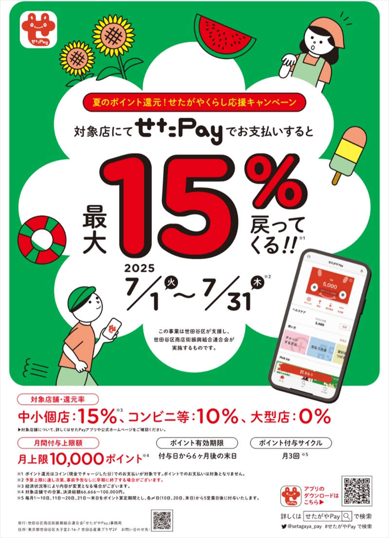 7/1スタートの「せたがやPay」１５％ポイント還元キャンペーンは成城店・二子玉川店にてご利用いただけます。